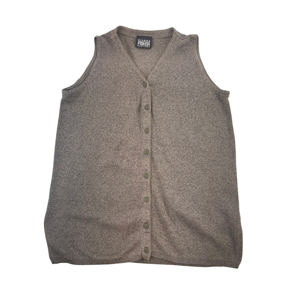 Eileen Fisher Vintage V-Neck Sweater Vest Brown Cotton Knit Button Small Medium